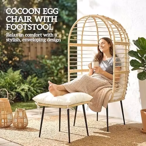 Outsunny Standing Egg Lounge Chair with Footstool and Cushions, Beige Polyrattan – 3