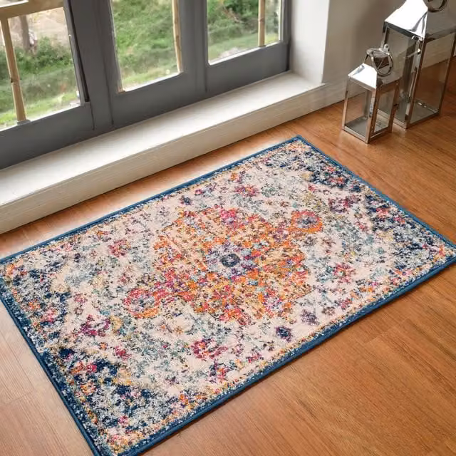Livabliss Harput Vintage Boho Living Room Rug in Blue, Orange, Yellow and Grey, W: 160 cm, L: 220 cm