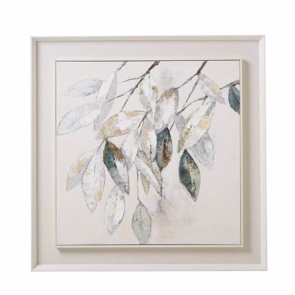 Wyld Haus Gacilly Scandi Downward Leaf Framed Canvas Painting in Beige, Green and Brown, W/H: 100 x 100 cm – 2