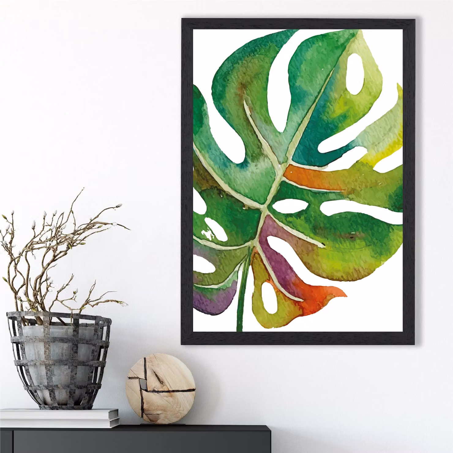 ARTZE Monstera Leaf Abstract Watercolour Botanical Framed Print in Green and Black – 2