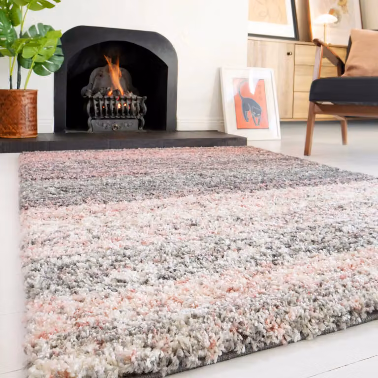 Kukoon Pink Striped Distressed Shaggy Rectangular Living Area Rug W: 80 cm, L: 150 cm