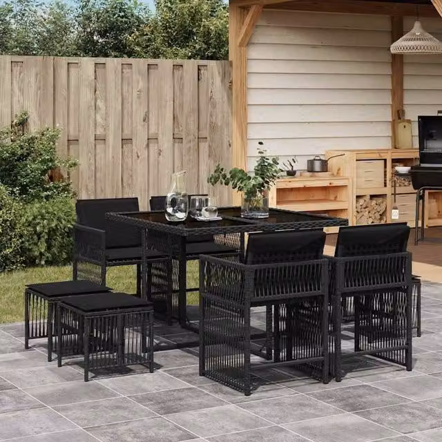 Berkfield Home 9 Piece Black Poly Rattan Garden Dining Set with Cushions