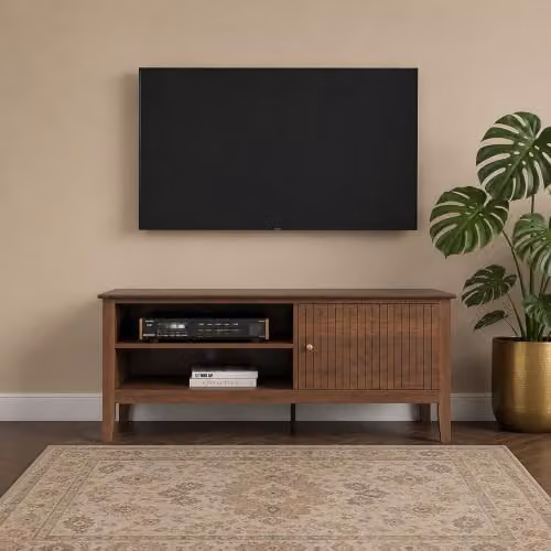 Melody Maison Modern Fluted TV Cabinet in Brown, Black and Gold with Striped Wood and Metal Details, W/D/H: 120 x 50 x 40 cm – 1