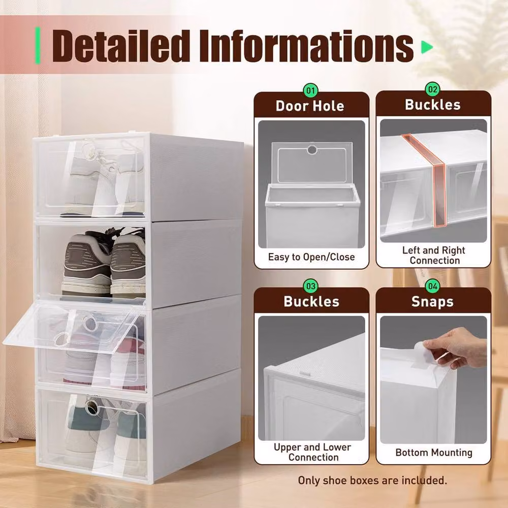 FORGEVIO 20-Piece Set of Foldable and Stackable Plastic Shoe Boxes with Lids in White and Transparent – 4