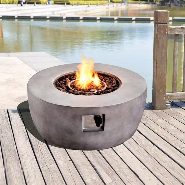 Teamson Home Modern Round Outdoor Gas Fire Pit in Grey Stone Finish