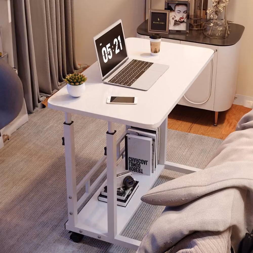 Living and Home Height Adjustable 2-Tier Mobile Overbed Desk with Shelves and Castors in White – 2