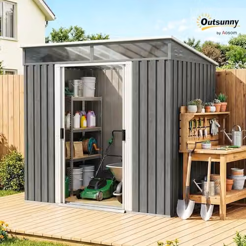 Outsunny Metal Pent Garden Shed in Grey with Sliding Door and Lockable Foundation – 2