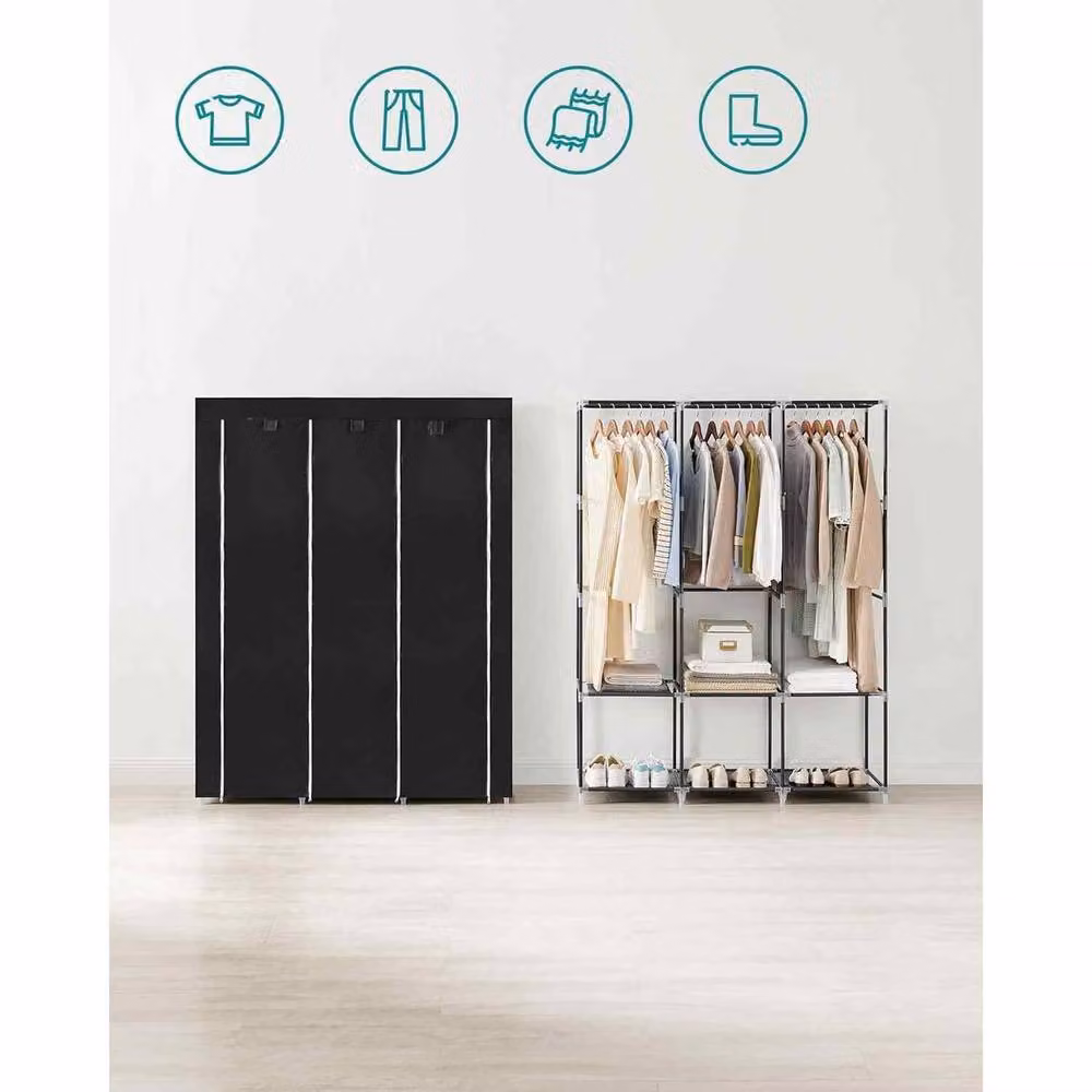 The Bazaarist Portable Fabric Wardrobe with 3 Hanging Rails, Black – 4