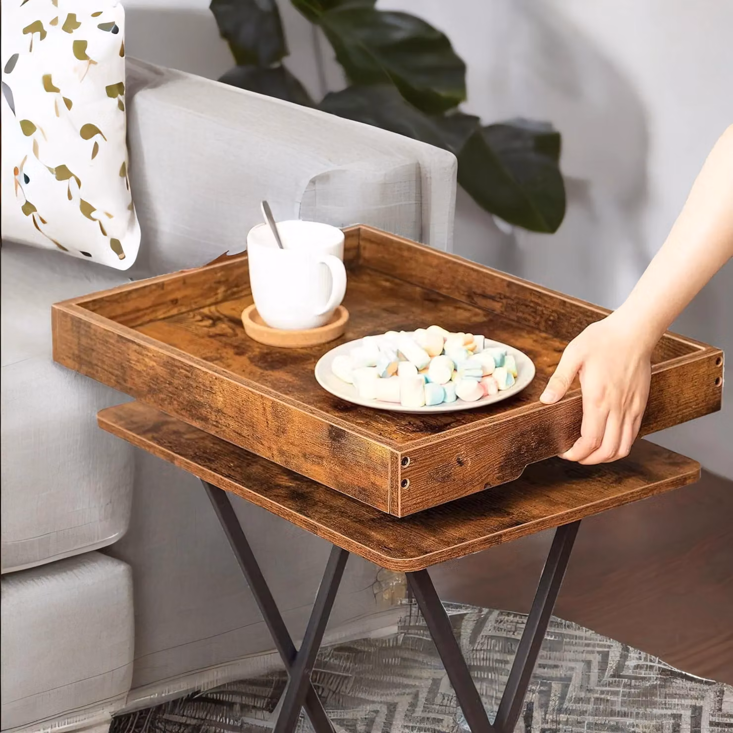 Rafaelo Mobilia Brown Folding TV Tray Table with Wood and Metal X-Frame Design – 2