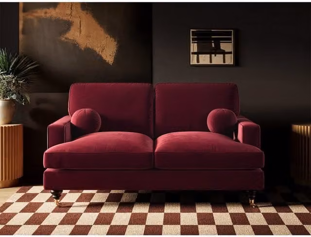 Solace+Co Addison 2 Seater Burgundy Velvet Sofa with Scatter Cushions