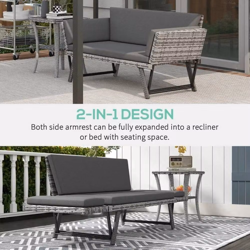 FLAVORA 2 in 1 Grey Polyrattan Folding Daybed Sofa Bench for Garden – 3