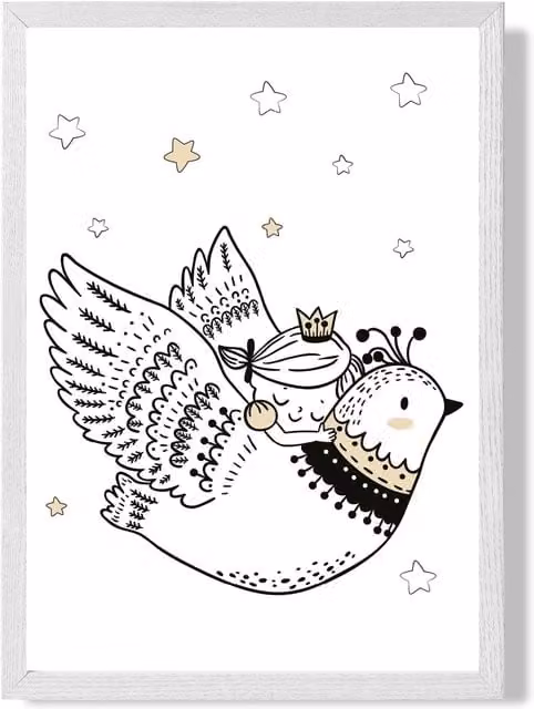 ARTZE Scandi Princess Little and Flying Bird Framed Illustration in Black and White