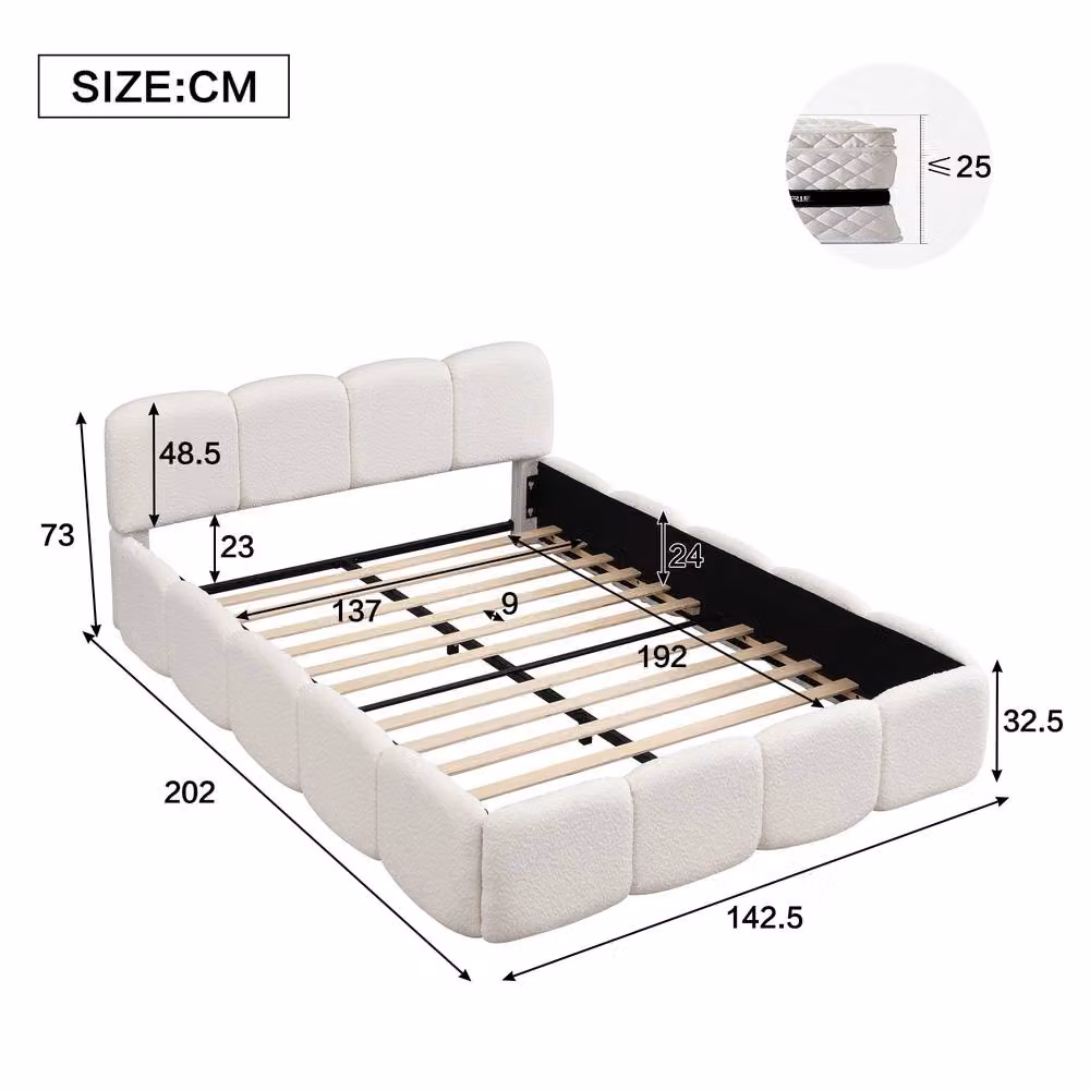 Merax Double Upholstered Bed in Beige Boucle with Block Padded Headboard, W/D/H: 140 x 200 cm – 2