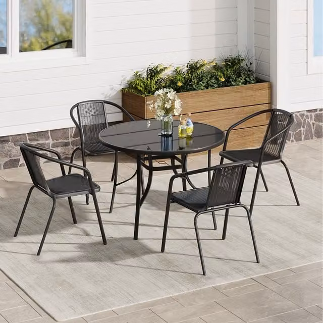 Komore Classic Round Tempered Glass Garden Table and 4 Foldable Chairs Set in Black