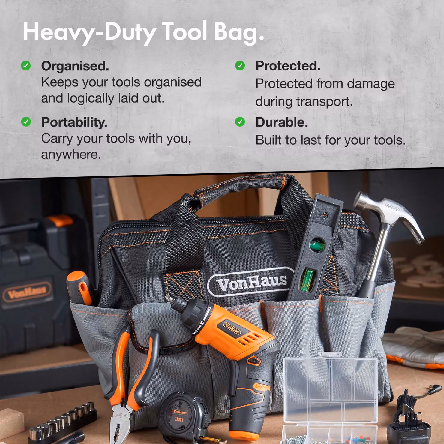 VonHaus 94pc Cordless Hand Drill and Household Tool Kit in Black with 3.6V Rechargeable Lithium-ion Screwdriver and Steel Tools – 3