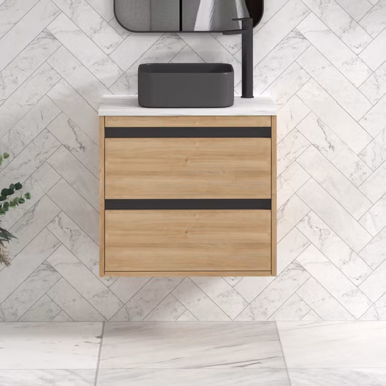 Royal Bathrooms Orion 800mm Natural Oak Wall Hung Vanity Unit with 2 Drawers and Art Square Basin with Black Accent Trim