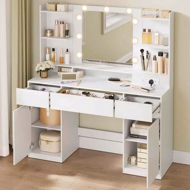 The Bazaarist Cloud White Makeup Vanity with LED Hollywood Mirror, 2 Cabinets and USB Charging Port