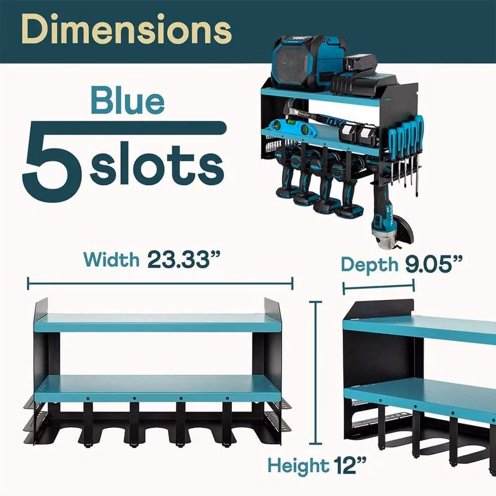 NESTLUNE 3 Layer 5 Slots Wall Mounted Power Tool Organiser and Drill Storage Rack, Blue, W: 52 cm – 3