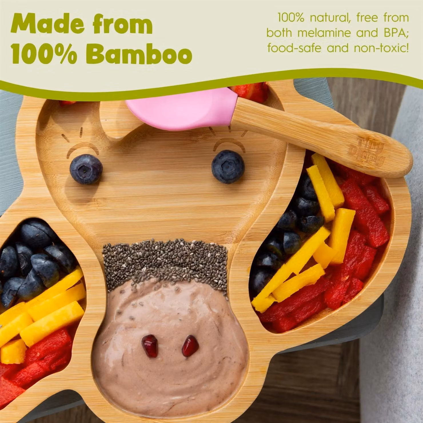 Tiny Dining Bamboo Divided Toddler Weaning Plate and Fork Set, Blue and Brown Unicorn Design – 3