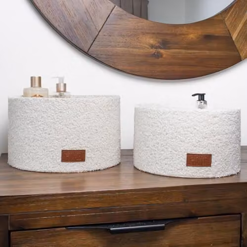 JVL Shiro Set of 2 White Boucle Fabric Round Storage Baskets – 3