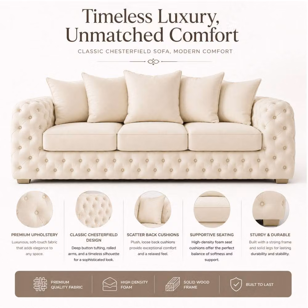 Stratus Interiors Ashley Chesterfield L-Shape Corner Sofa in Beige Plush Velvet Fabric with Scatter Cushions, W: 235 cm, D: 76 cm, H: 67 cm – 2