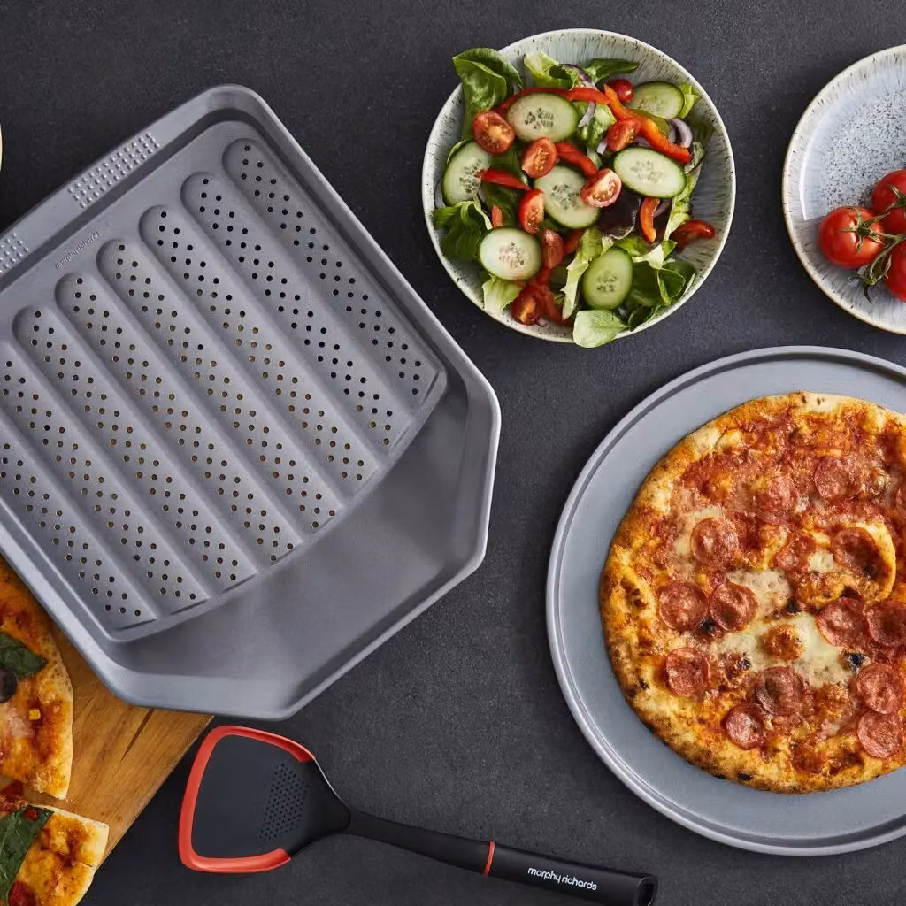 Morphy Richards Grey Non-Stick Carbon Steel Pizza Tray and Crisper Set – 4