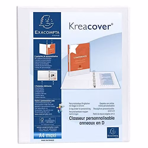 Exacompta Customisable Rigid Ring Binder with 2 Pockets, A4, White – 1