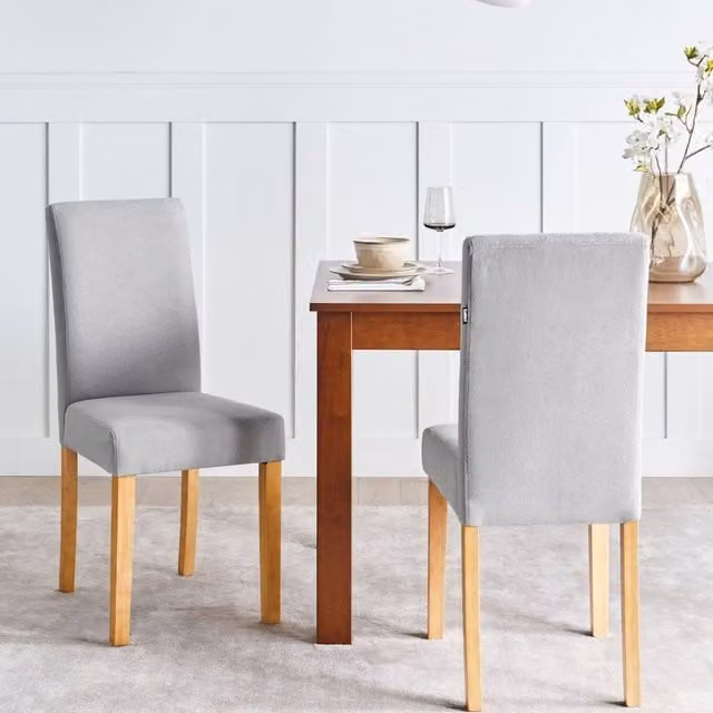 Wyld and Coco Set of 2 Modern Grey Linen Dining Chairs with Rubberwood Legs, W: 42 cm, D: 59 cm