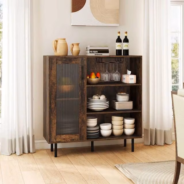 FORGEVIO Industrial Coffee Bar Cabinet Sideboard with Adjustable Shelf in Brown – 1
