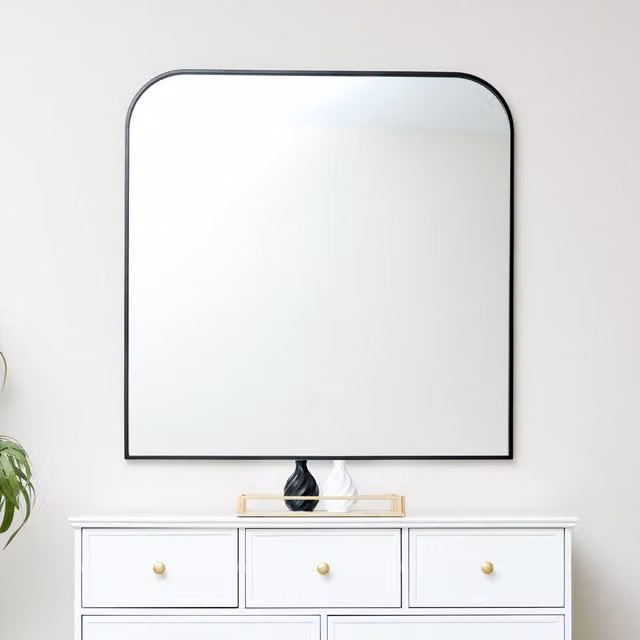 Melody Maison Large Black Curved Square Arched Overmantel Wall Mirror, W: 100 cm, H: 100 cm