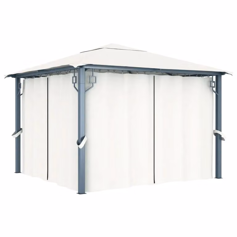 Berkfield Home Aluminium Gazebo with Curtains and LED String Lights, Beige, W/D: 3 x 3 m