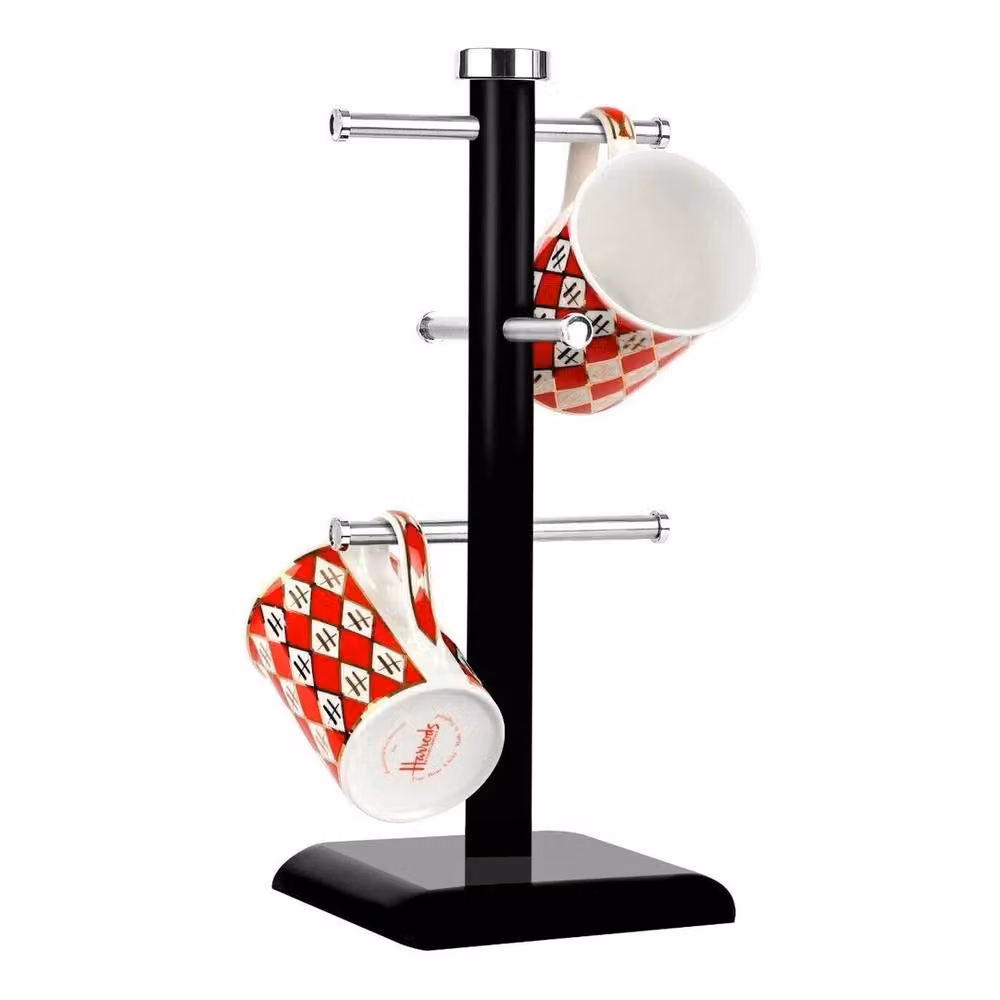 FORGEVIO Black Metal Mug Tree and Freestanding Kitchen Roll Holder Set – 2