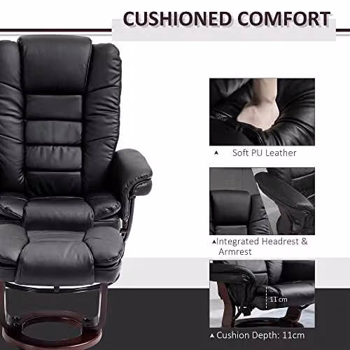 HOMCOM Manual Recliner and Footrest Set in Black PU Leather with Swivel Wood Base – 6