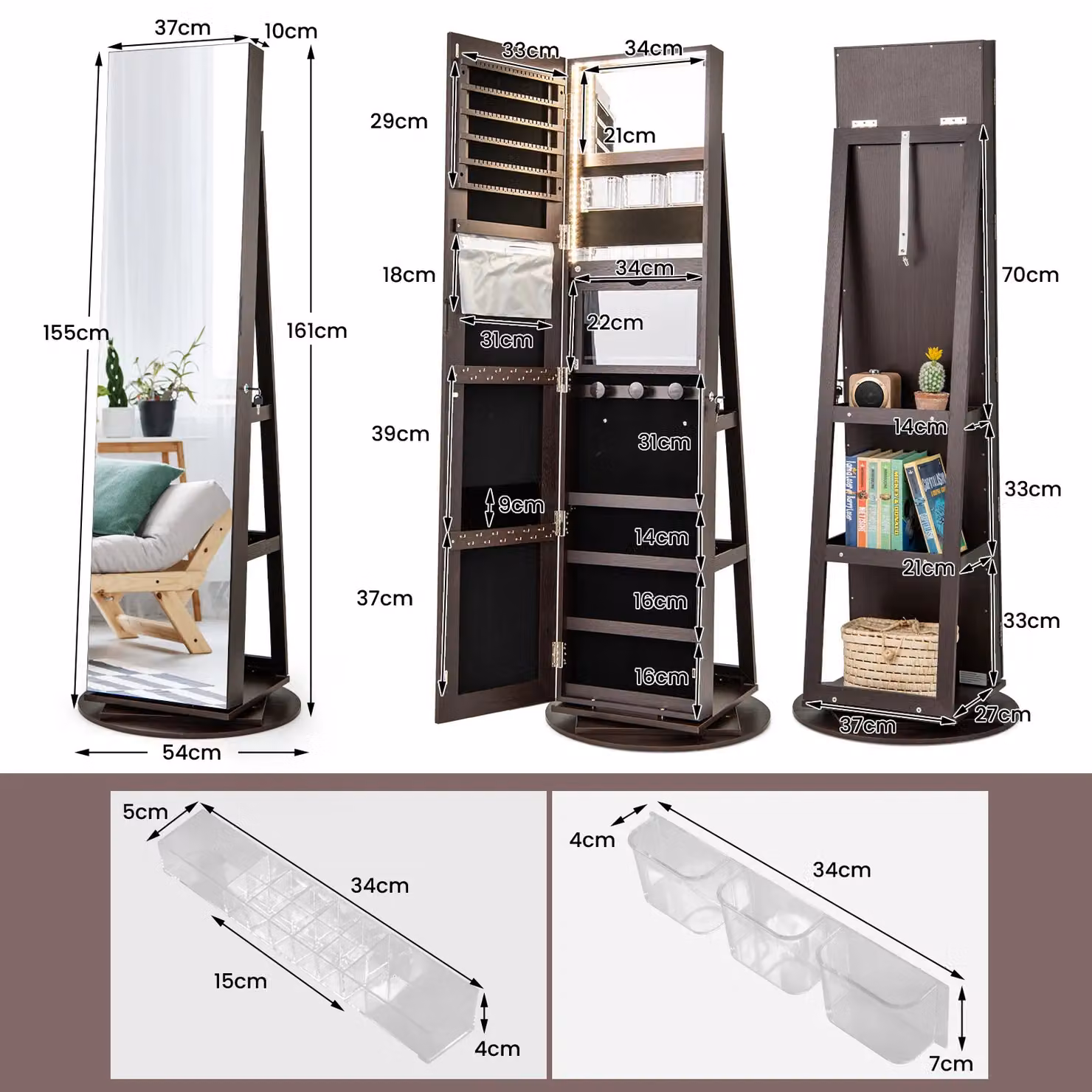 Gymax 360 Degree Rotating Jewelry Armoire with Full Length Mirror and LED Lighting in Dark Brown – 4