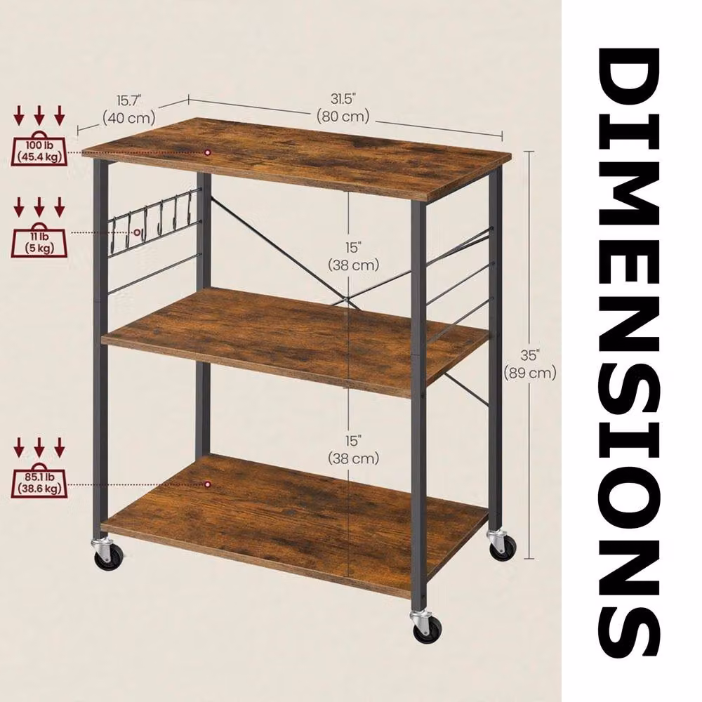 Pirlo Plush Rolling Kitchen Serving Trolley with Wheels, Rustic Brown, W: 40.0 cm, D: 40.0 cm, H: 89.0 cm – 6