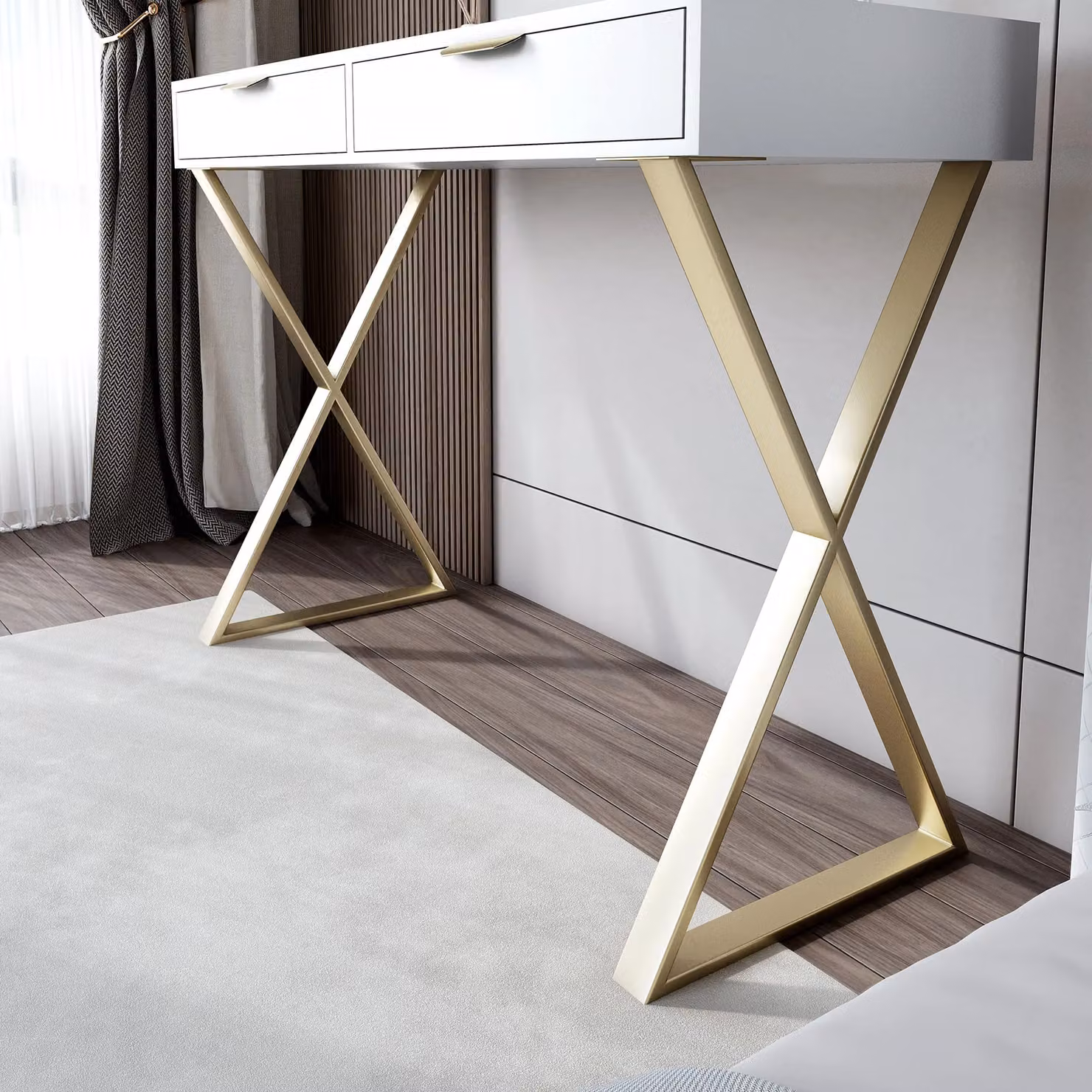 CARME HOME Jess Glasstop White Dressing Table with 2 Drawers and Gold X-shaped Legs – 2