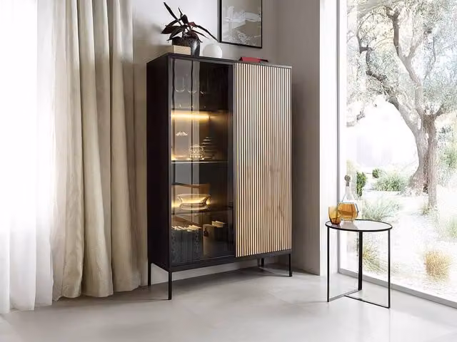 Vente-unique Modern Black MDF Display Cabinet with Smoked Glass Doors, Integrated LED Lighting and 1 Drawer, H 165.5 x W 103.5 x D 39 cm – 1