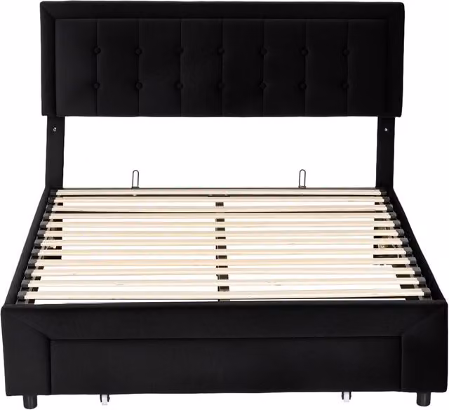 ERGOVEXA Black Velvet Double Ottoman Bed Frame with Lift Up Base and Front Drawer, W: 140 cm, D: 190 cm, H: 104 cm – 1