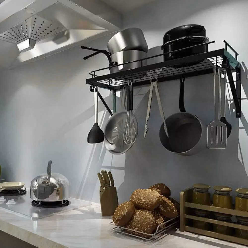KORVIXA Black Metal Wall Mounted Pot Rack with 10 Hooks, W: 100 cm, D: 15 cm, H: 25 cm – 2