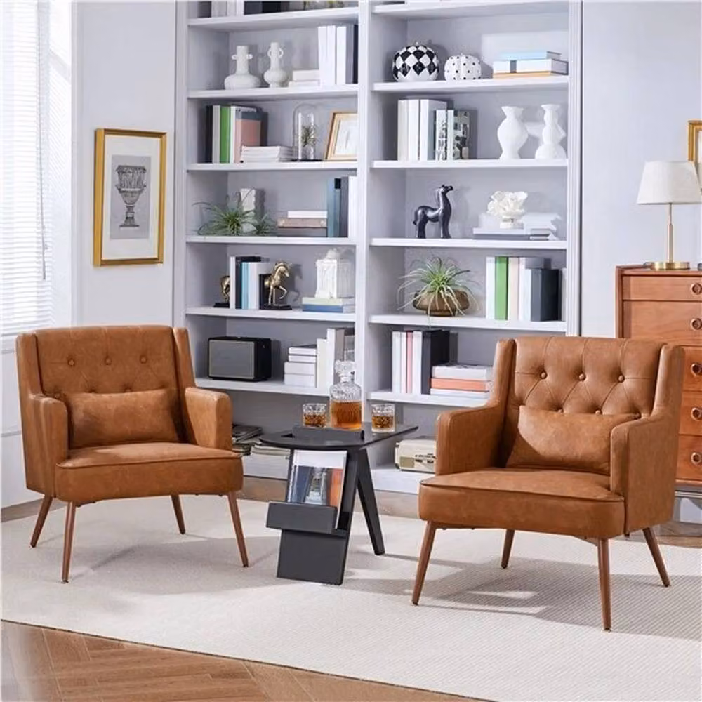 KORVIXA Brown Retro Tub Accent Chair with Armrests in Synthetic Leather and Bouclé, W/D/H: 64 x 72 x 79.5 cm – 4