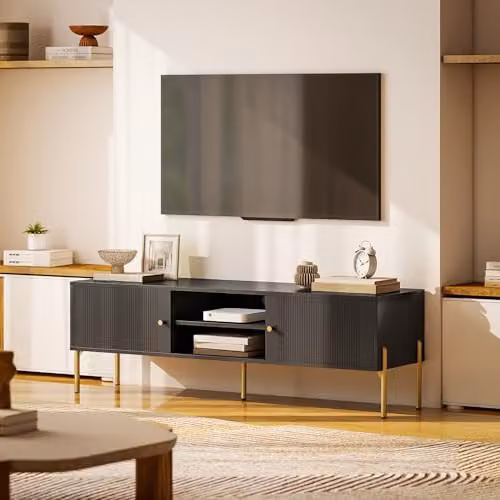 HOMCOM Modern Geometric TV Stand for Televisions up to 66 Inch, Black and Gold Metal Entertainment Center, W/D/H: 140 x 38 x 45.9 cm – 8