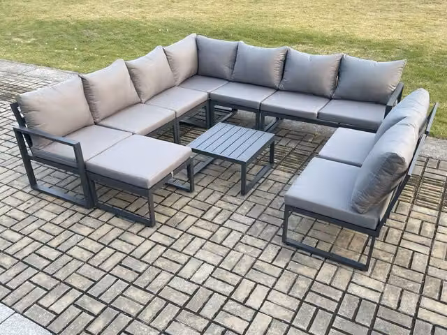 Fimous 10 Seater L-Shape Outdoor Garden Furniture Set in Dark Grey Powder Coated Aluminium with Square Coffee Table and Ottoman