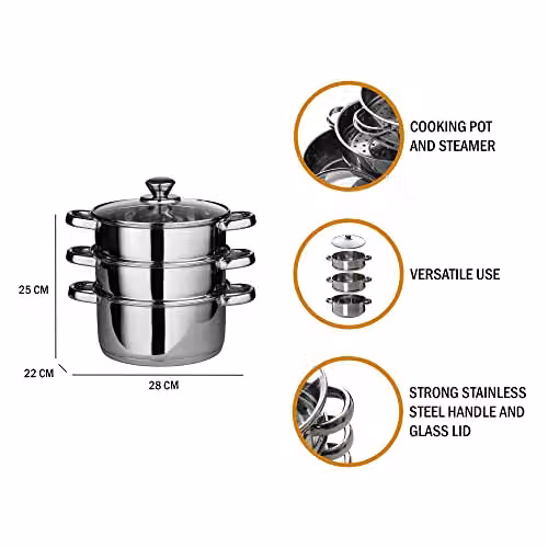 Orsina Stainless Steel 3-Tier Steamer Pot with Glass Lid, Silver, W: 22 cm, H: 25 cm – 7