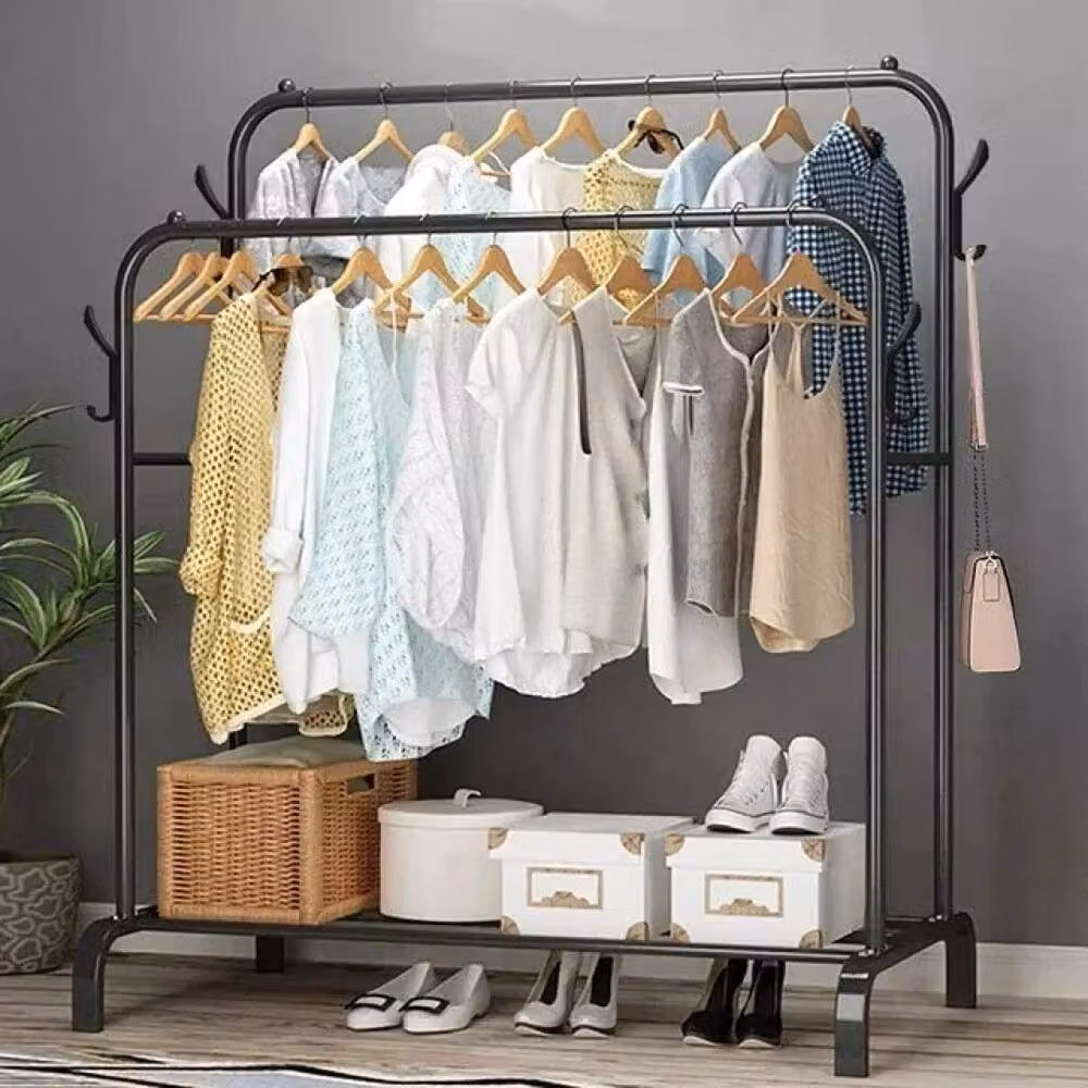 KORVIXA Metal Double Rail Clothes Garment Hanging Rack, Black, W: 90 cm, H: 150 cm – 2