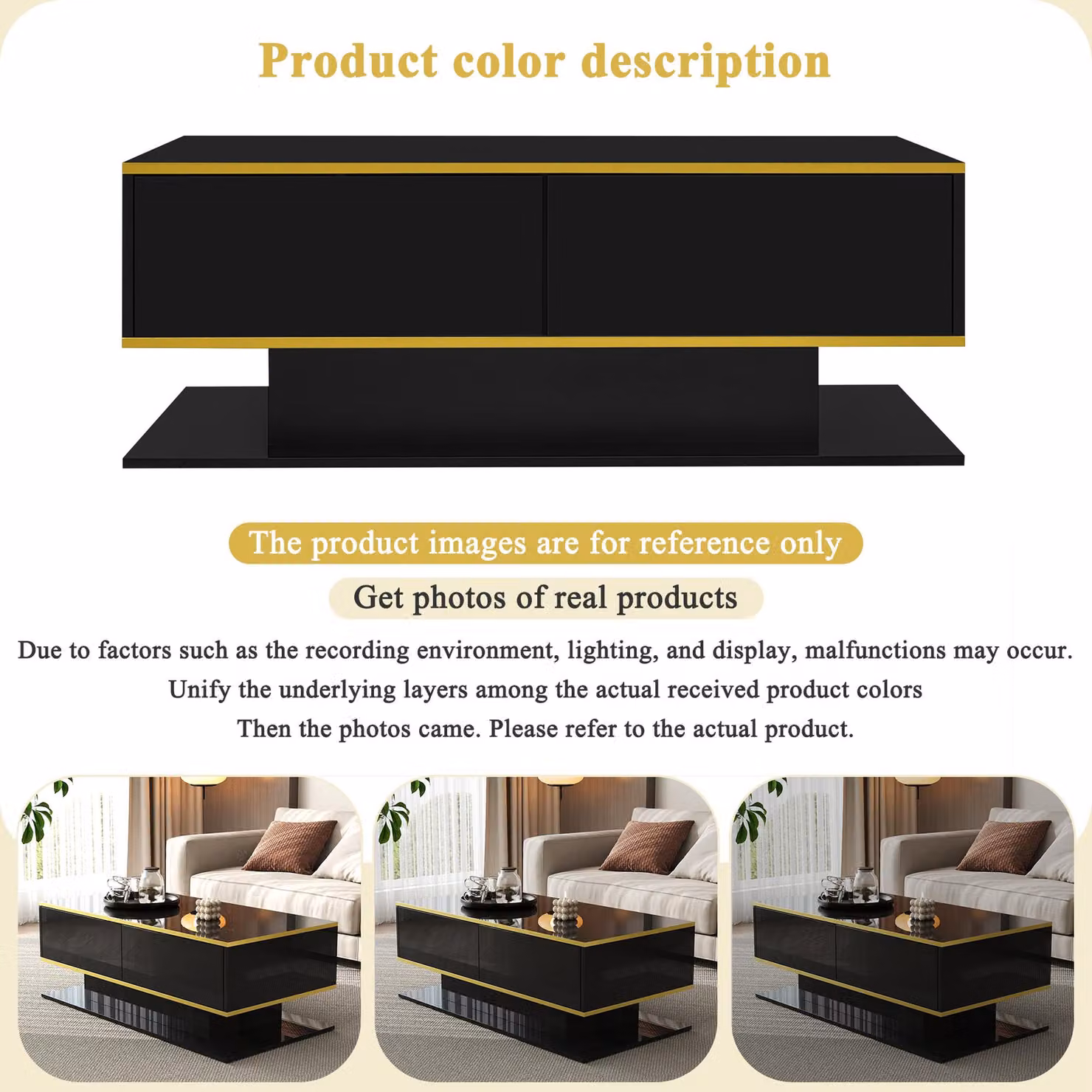 Aosom Modern LED Coffee Table with USB-Powered Colour-Changing Light Strip and 3 Drawers, Black, W: 100 cm, D: 50 cm, H: 40 cm – 4