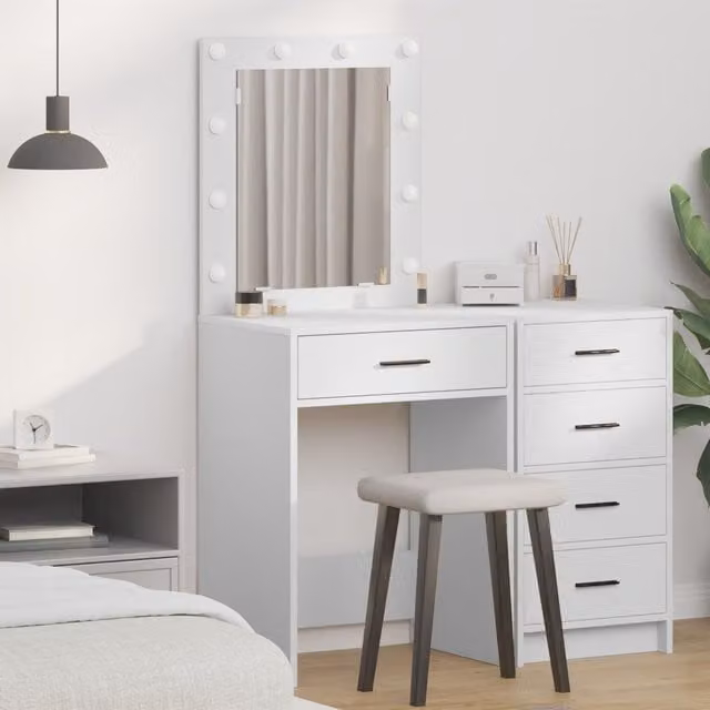 Berkfield Home White Dressing Table with Hollywood LED Lights W/D/H: 50 x 41 x 135 cm