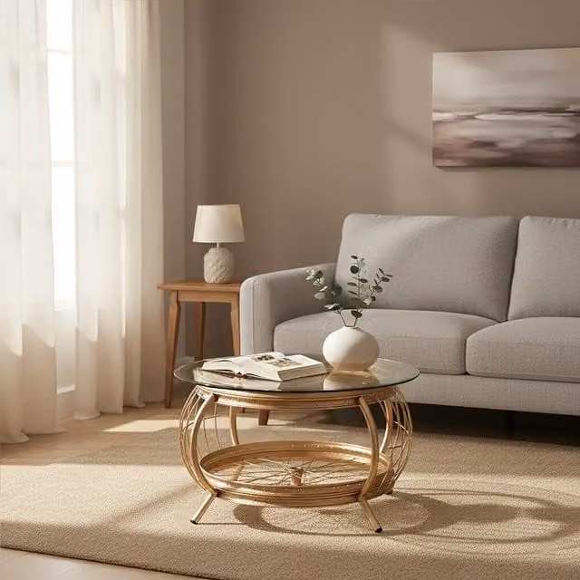 Orsina Modern Round Glass and Metal Coffee Table in Gold, W/D/H: 80 x 80 x 46 cm