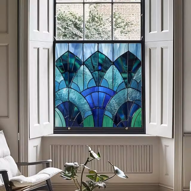 Creative Printing Solutions Milan Stained Glass Privacy Window Film in Blue with Floral and Geometric Design, W/D/H: 40 x 40 x 40 cm