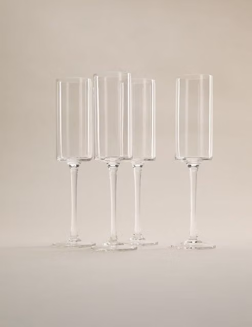 M&S Set of 4 Transparent Straight Sided Glass Champagne Flutes