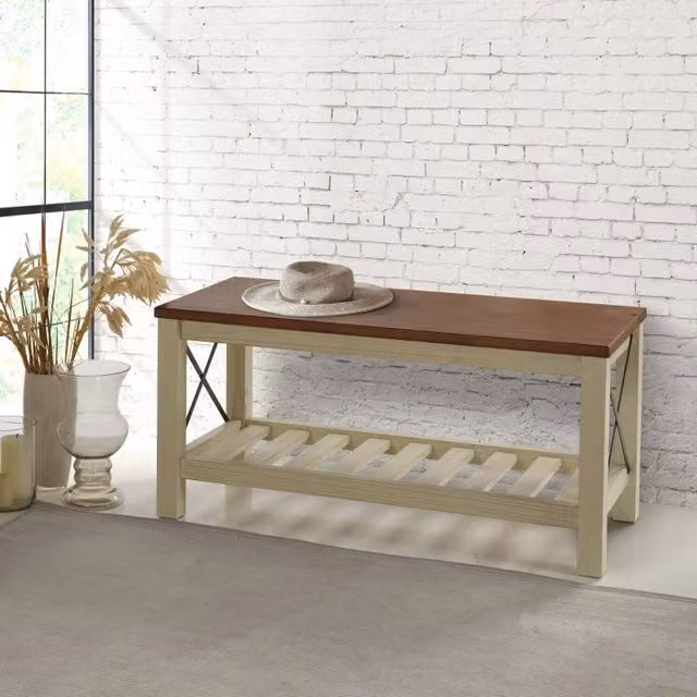 Mercers Furniture Cottage Solid Wood Pine Hallway Bench and Shoe Rack in White and Brown, W/D/H: 102 x 46 x 52 cm